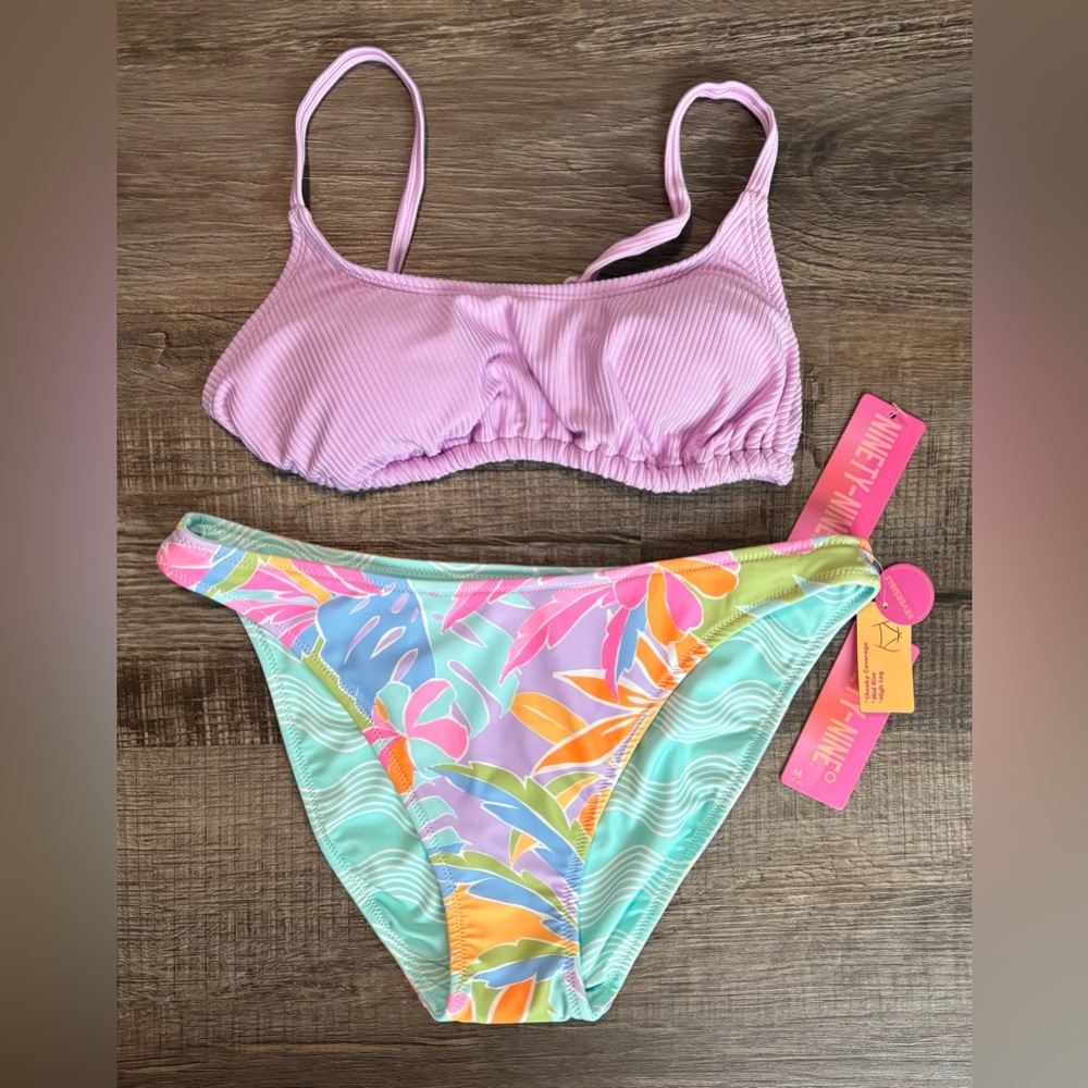 Lilac Ribbed Bikini Top with Tropical Print Bikini Bottoms Set, Top/Bottoms: M